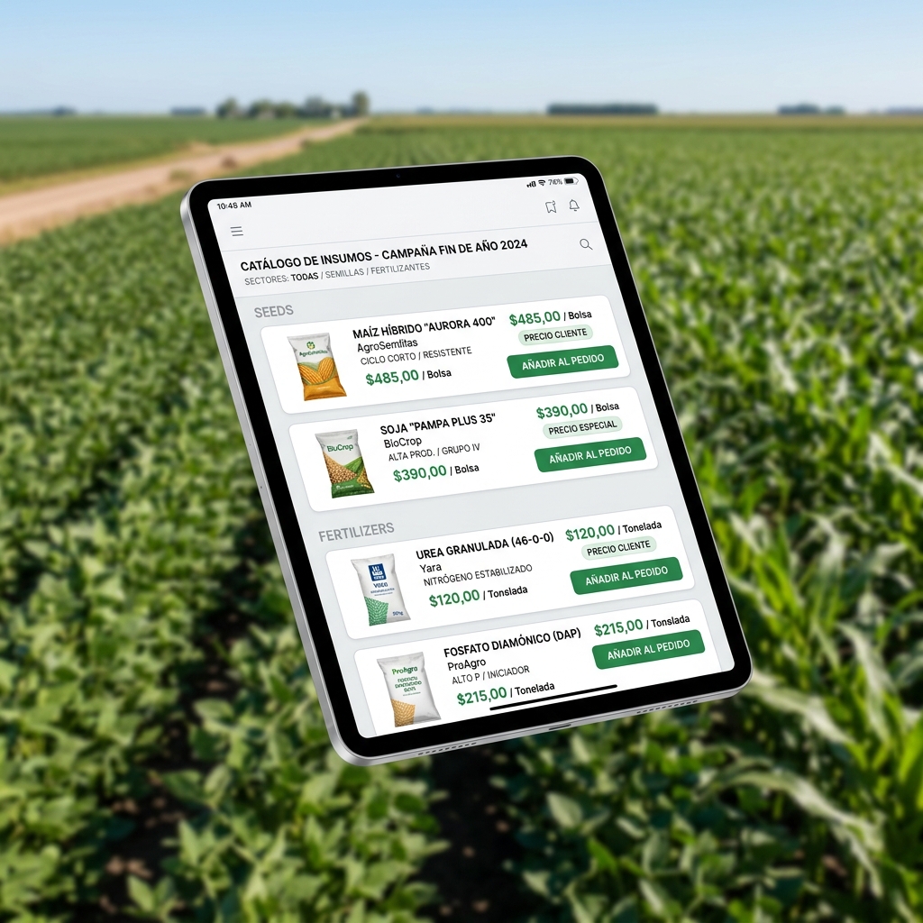 Catálogo por campaña con precios por cliente en tablet sobre el campo