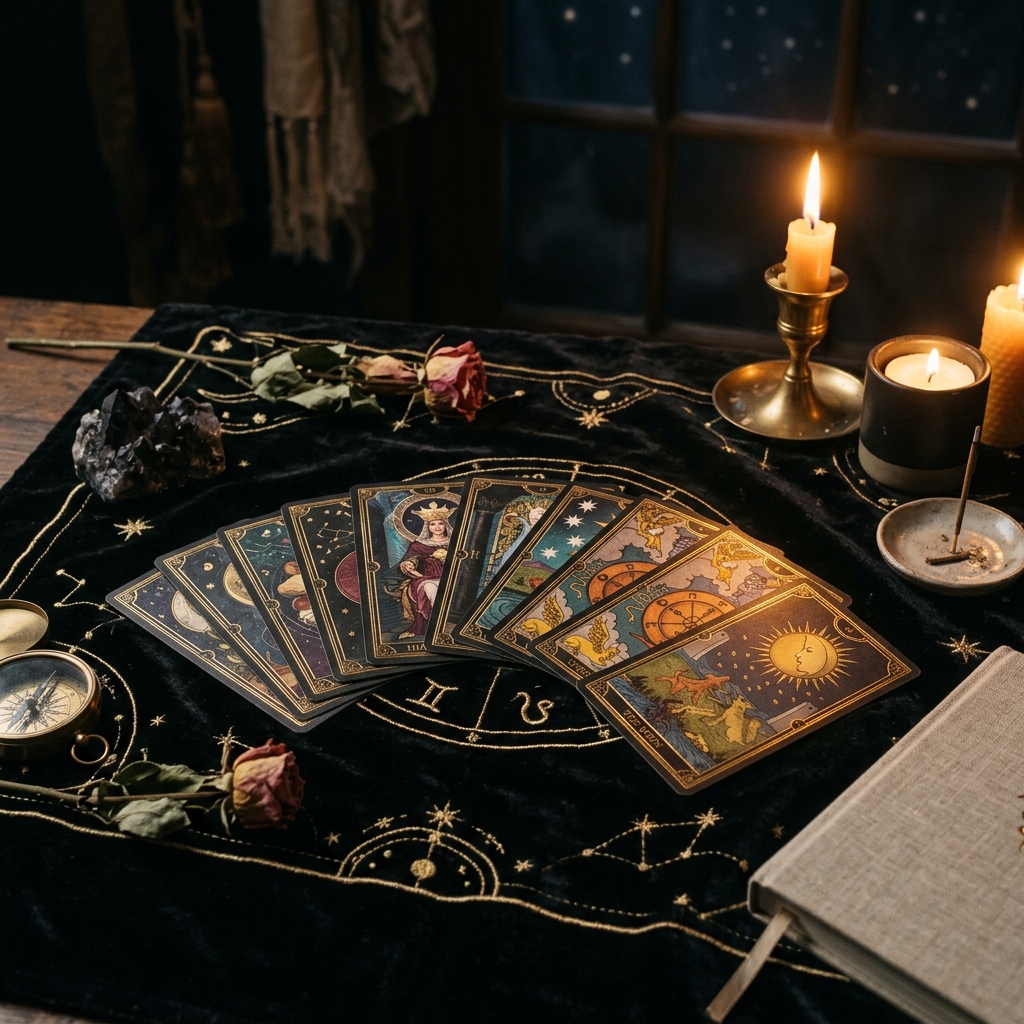 Atmósfera mística premium con cartas de tarot y luz cálida