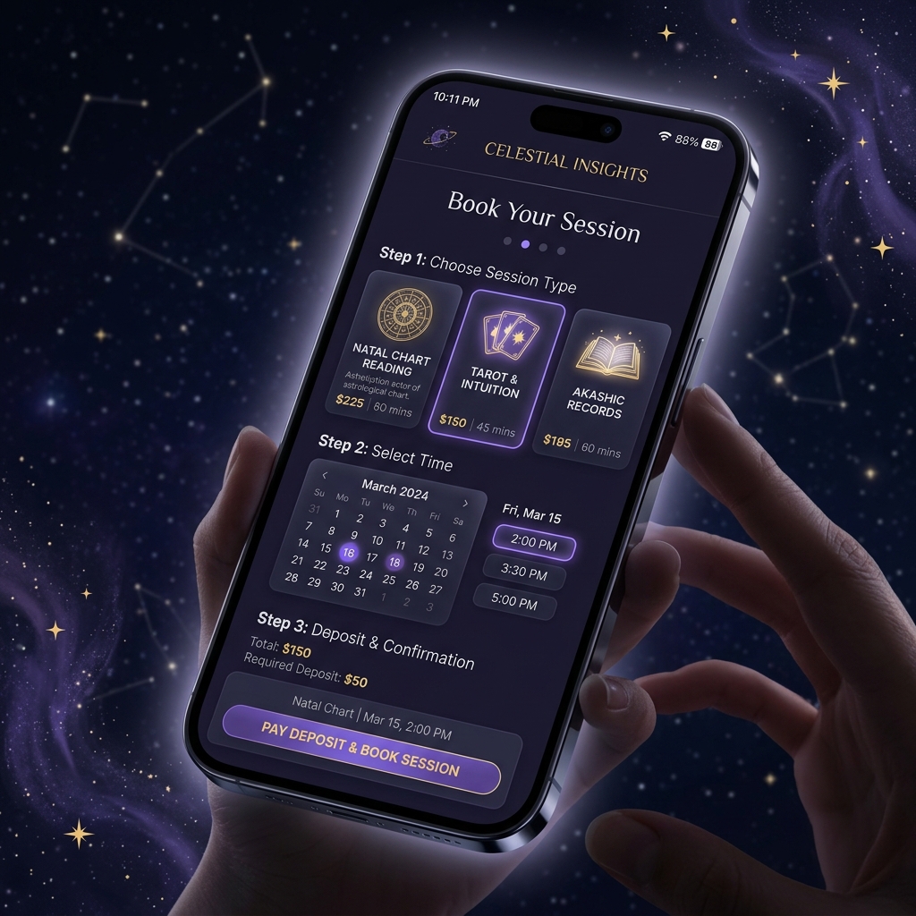 Pantalla de reserva de sesión esotérica sobre cielo estrellado con constelaciones sutiles