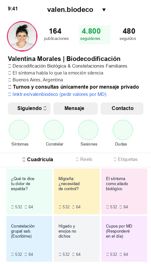 Perfil de Instagram de terapeuta con 4.800 seguidores saturada de consultas sobre síntomas