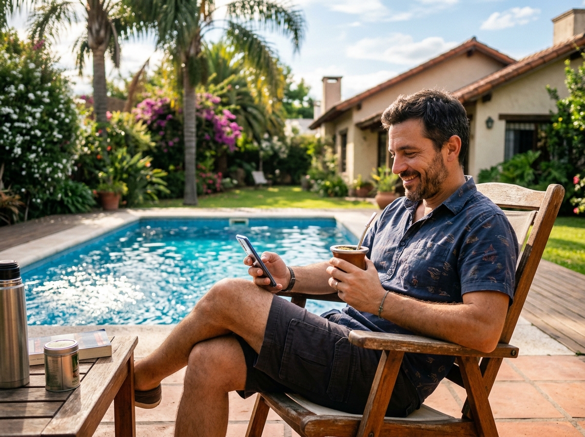 Coach argentino tomando mate junto a su piscina mientras la web gestiona y cobra sus sesiones