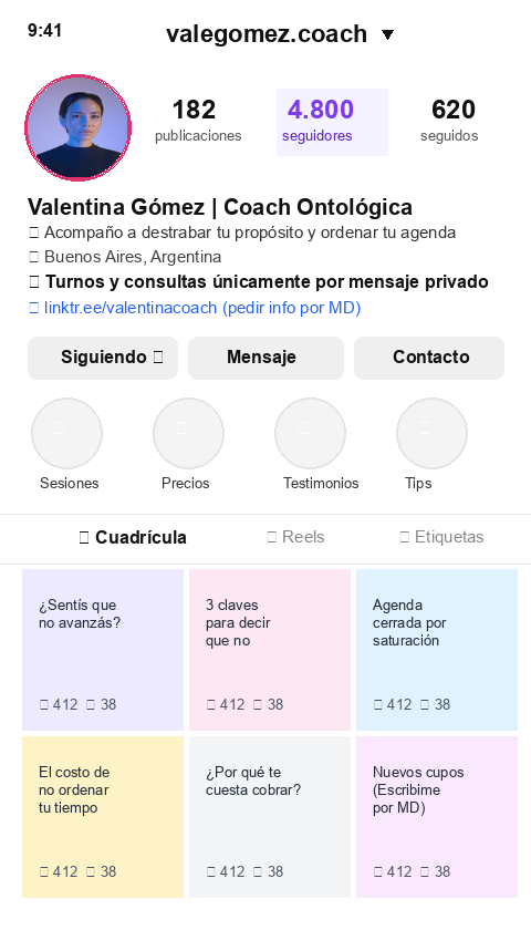 Perfil de Instagram de coach con 4.800 seguidores saturada de consultas manuales